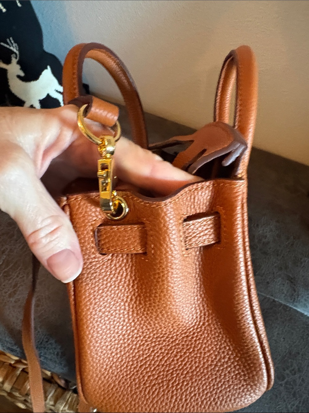 **Women's Tan Pebbled Leather Satchel with Top Handles and Crossbody Strap - Picture 5 of 12